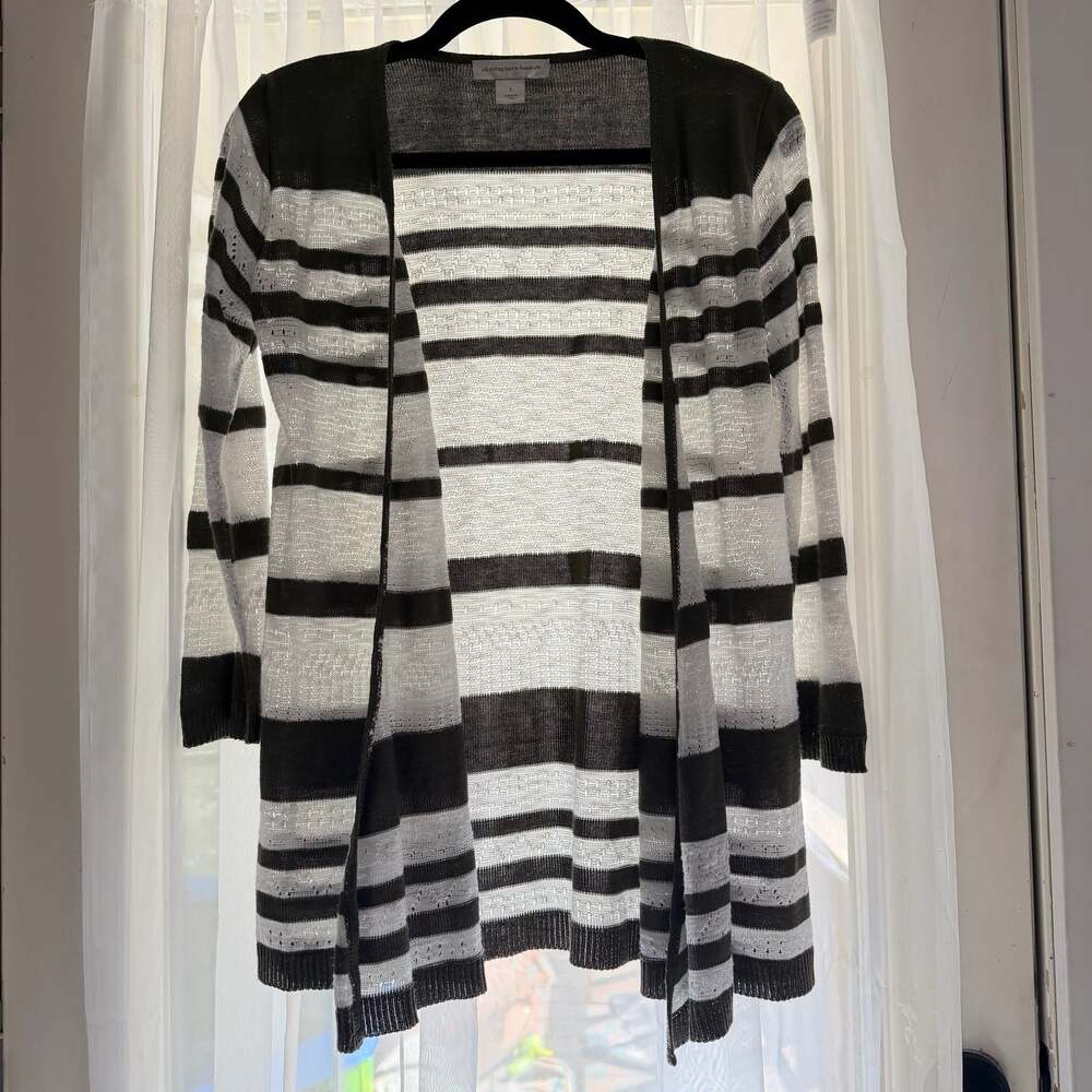 Christopher & Banks Green White Striped Open Front Cardigan - Picture 2 of 6